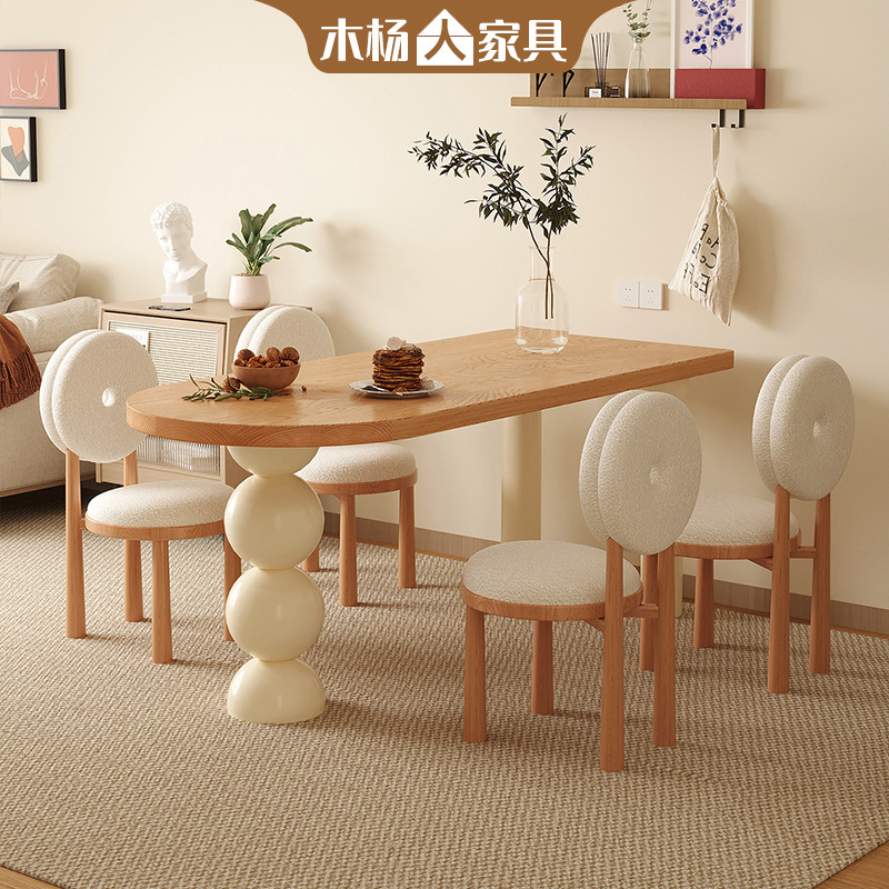 Nordic Cream-Style Dining Table and Chair Set for Small Apartments, Natural Wood Style Dining Table, Wall-Mounted Semi-Circular Table, Island Table Nordic Cream-Style Dining Table and Chair Set for Small Apartments, Natural Wood Style Dining Table, Wall-Mounted Semi-Circular Table, Island Table