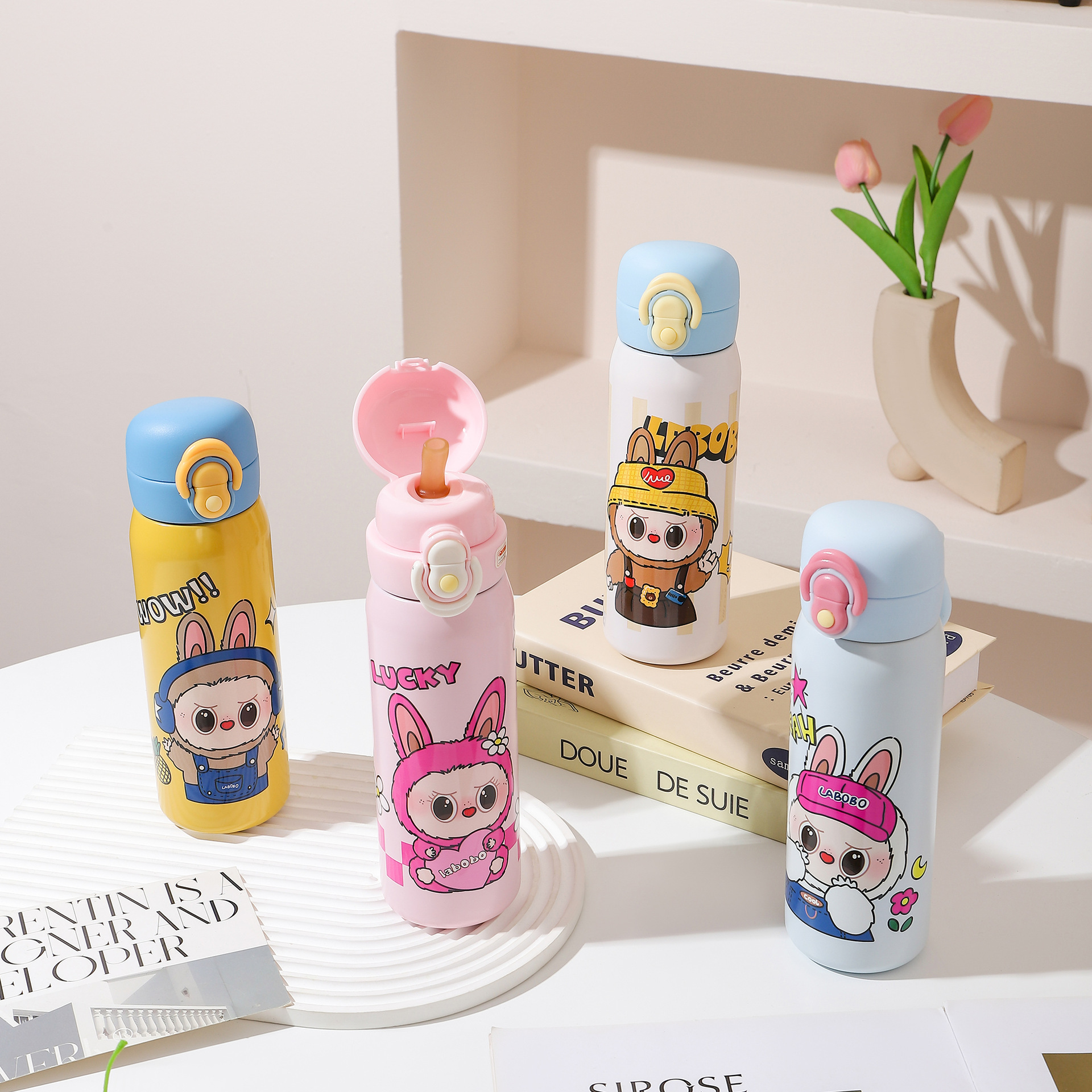 新款316食品级拉布布猫保温杯手提双饮吸管水杯卡通弹跳直饮杯子