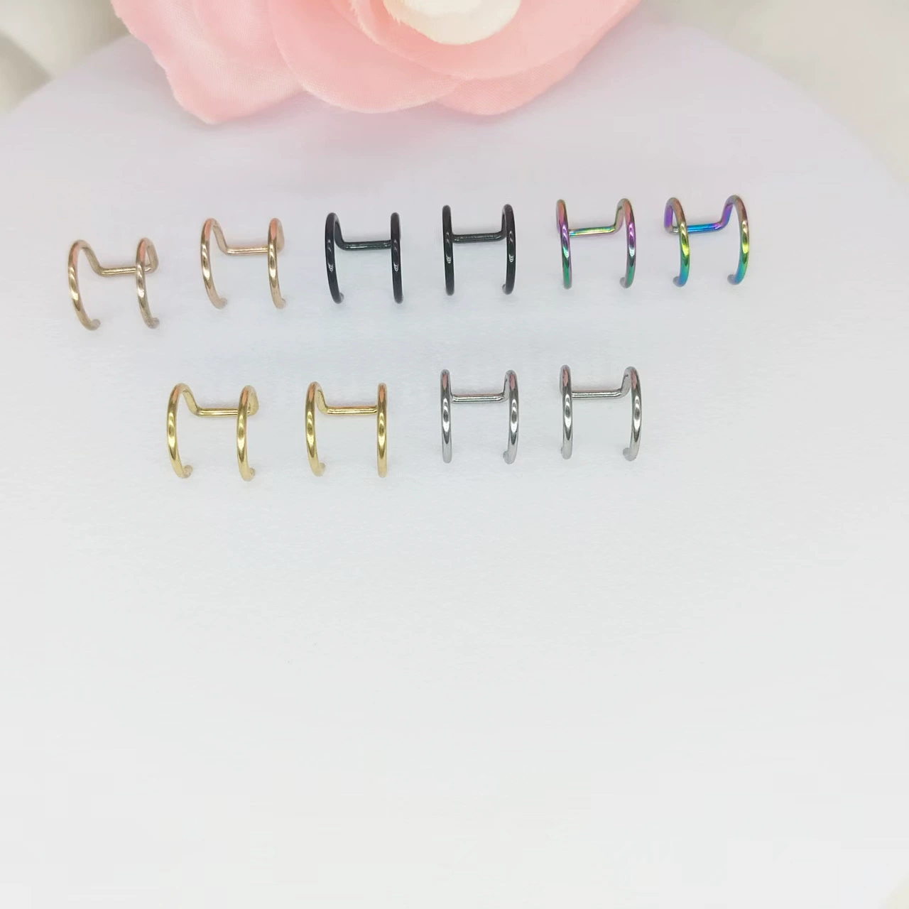 Прямые поставки с фабрики: двухкольцевые клипсы из нержавеющей стали, многокольцевые серьги, пирсинг для тела, носовые кольца, многокольцевые изогнутые серьги для носа.