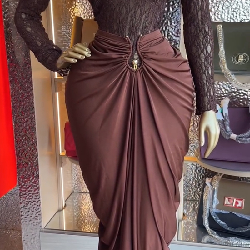 Women's Long-Sleeve Lace Blouse & High-Waist Pencil Skirt Set – Sweet & Elegant Two-Piece Outfit (Coffee, S-Xxl)_voghion.com