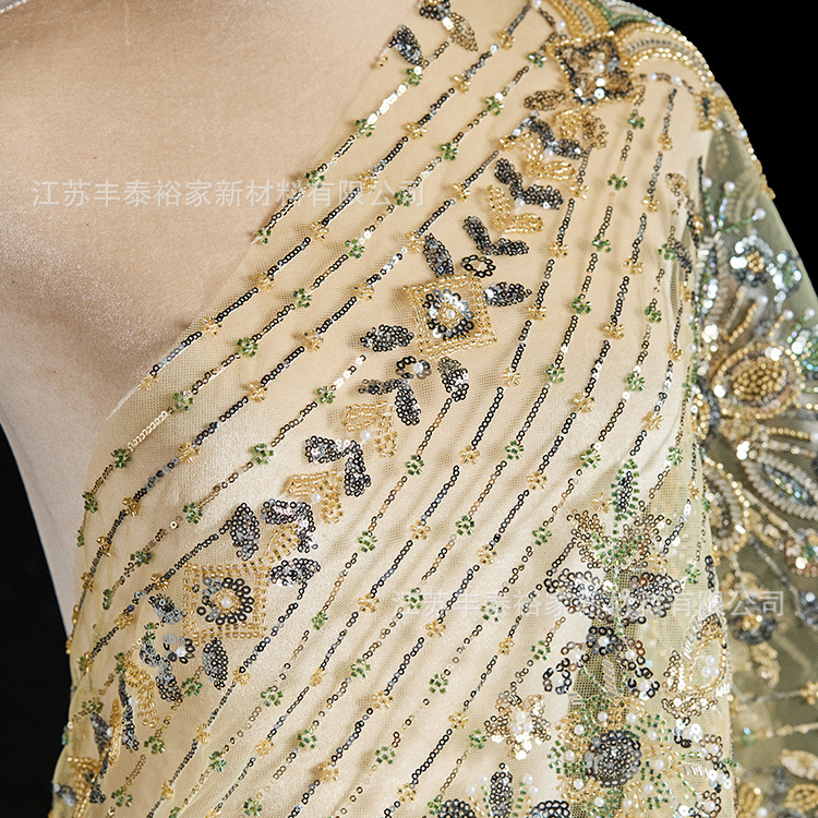 Personalización de cuentas de perlas sequin tejido de encaje suave vestido de boda mujer tela de encaje de malla vestido DIY tela de bordado de perlas spot