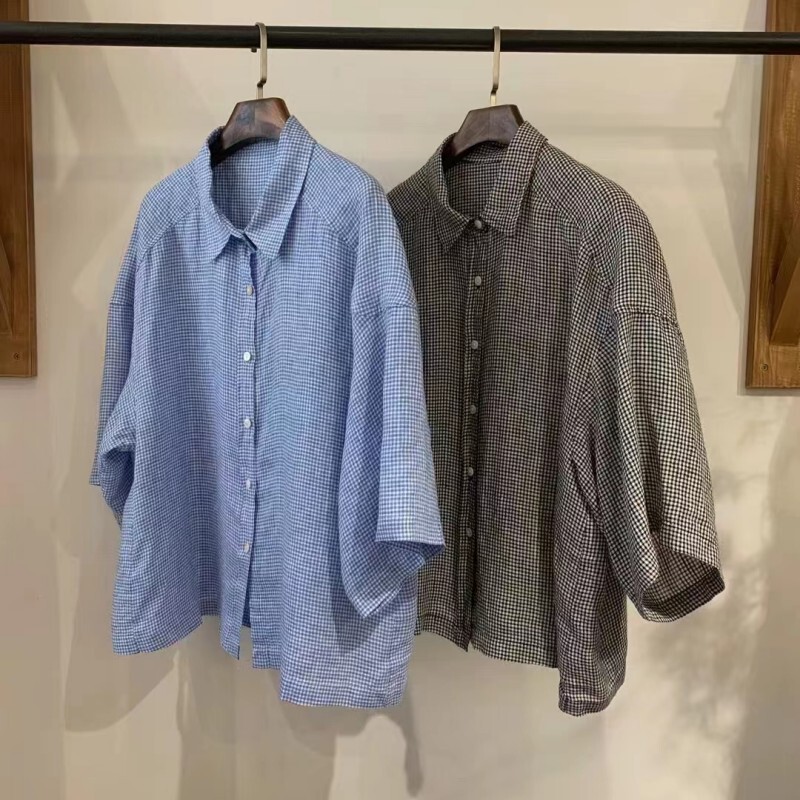 Japanese Style Collar Linen Plaid Shirt Women's Summer New Retro Artistic Back One Button Raglan Sleeve Top for Women