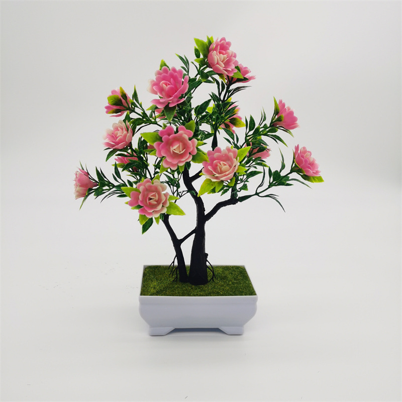 Simulação de planta bonsai simulação de flor rosa flor artificial plástico vaso interior casa decoração desktop árvore da fortuna ornamentos_voghion.com