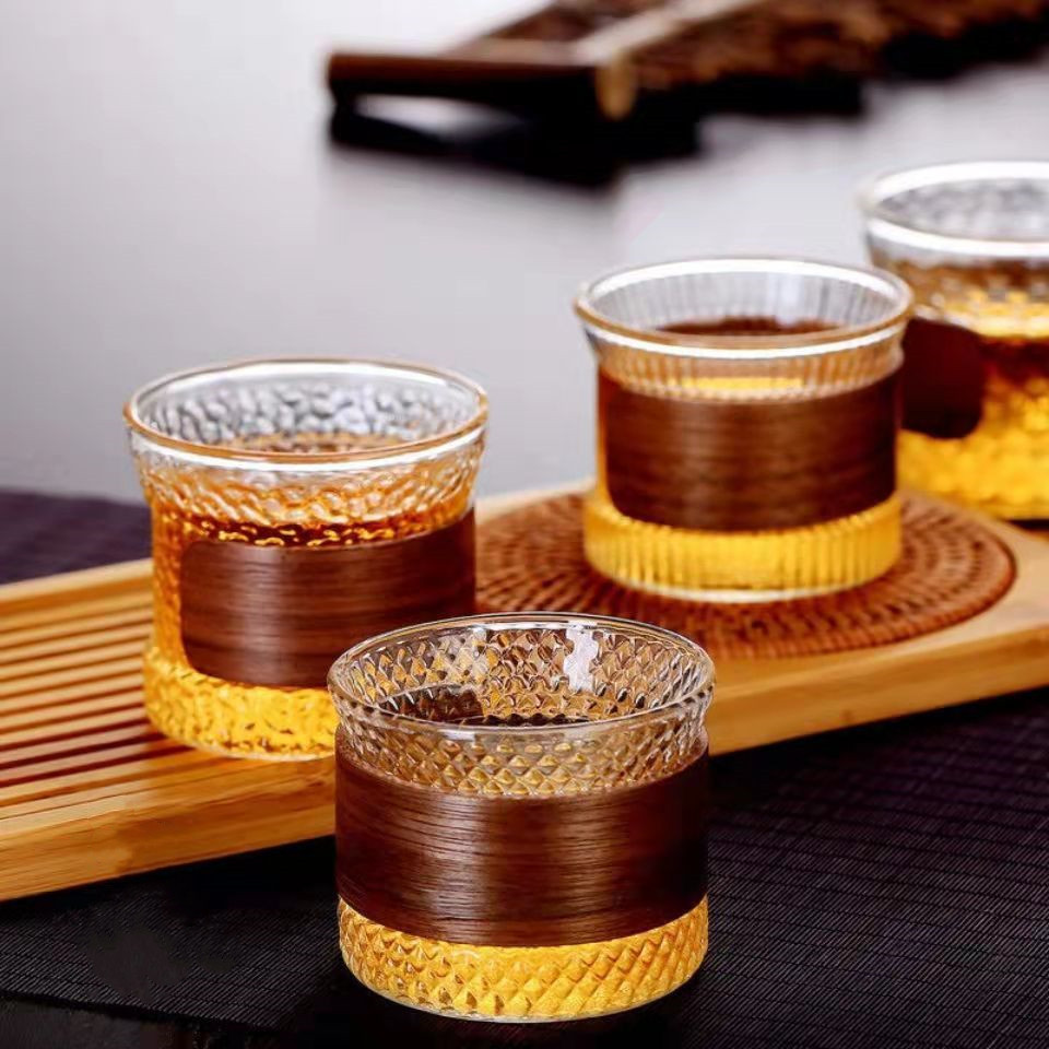 도매 우드 칩 개별 싱글 컵 찻그릇 투명 유리 단열 찻잔 일본식 소형 와인 컵 마스터 컵 커피 컵