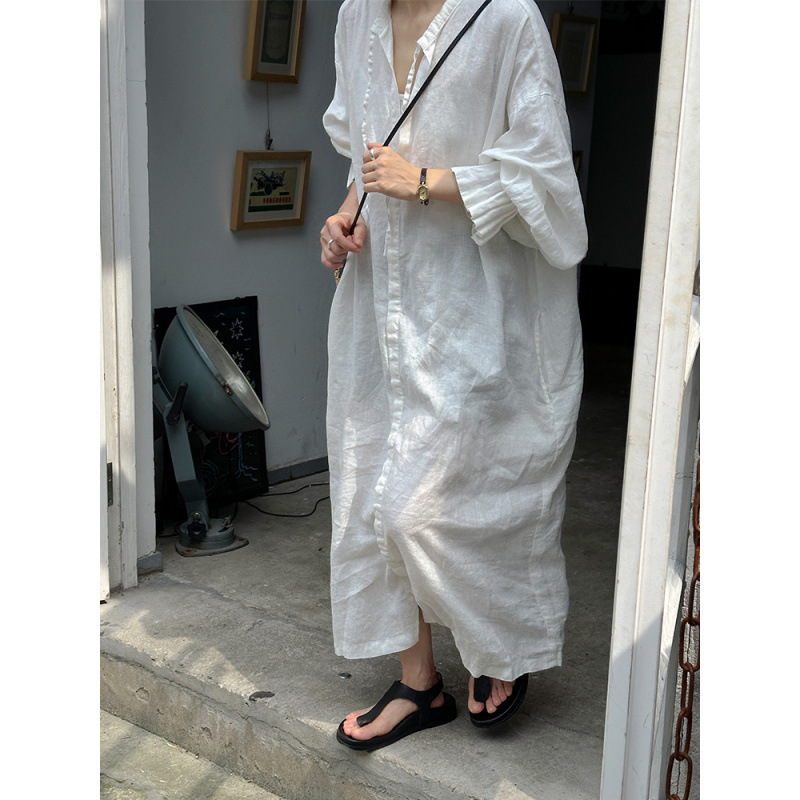 2025 Spring New Linen Long Dress Petal Sleeve Lace-Up Full Placket Autumn White Dress