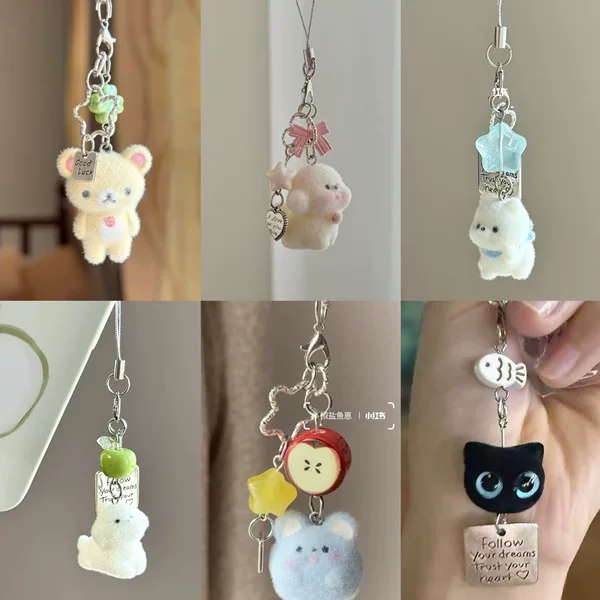 Trendy Flocked Cartoon Plush Pendant Cute Bag Charm Couple Phone Strap Gift Wholesale