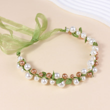 2025新款儿童清新绿色珍珠花环丝带发箍小女孩森系气质雅致编发带