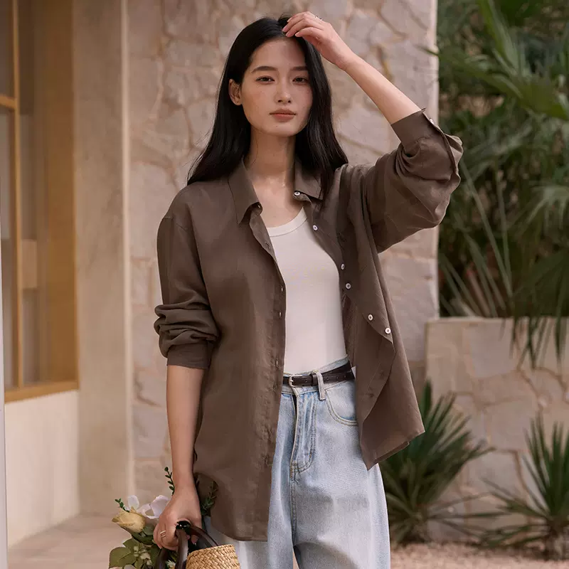 春夏兰精天丝亚麻衬衫女新款莱赛尔纯色口袋开衫亲肤舒适纽扣上衣