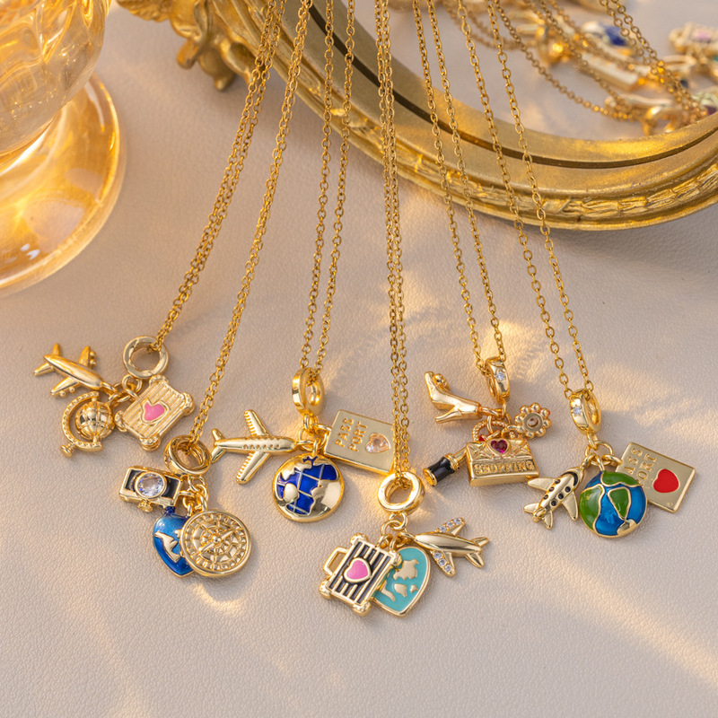 New Cross-Border Vacation Style Airplane Travel Suitcase Personalized Necklace for Women, Light Luxury Design with a High-End Feel, Clavicle Chain Set