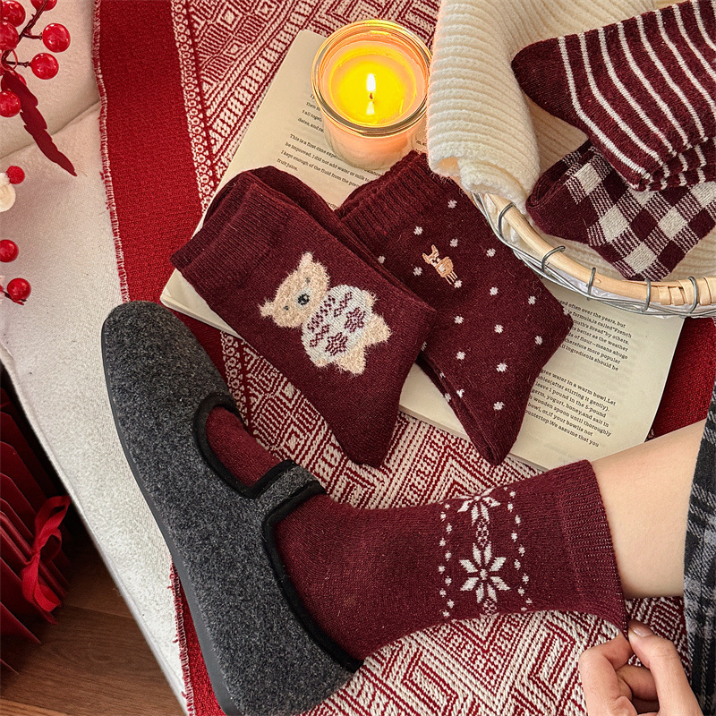New Year Red Houndstooth Wool Socks for Women, Mid-Calf Socks, Autumn and Winter Thickened Warm Striped Long Socks for the Year of Birth