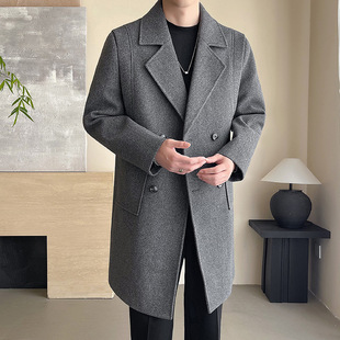 2024 Winter Men's high quality Light Mature Wind Fake Two-piece Youth Mid-length Cotton Wool Coat Loose Trench Coat