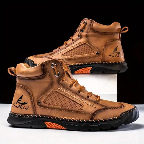 Autumn and winter plus-size men's leather boots, fashionable handmade stitched men's boots, outdoor lace-up mid-top casual men's shoes