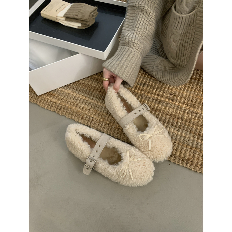 美呆！毛毛鞋女2025新款蝴蝶结平底加厚玛丽珍加绒保暖羊羔毛单鞋
