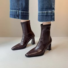 羊皮~法式复古高跟瘦瘦靴短靴子女2025新款秋冬英伦风单靴弹力靴