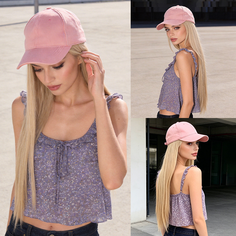 Foreign Trade Rose Pink Baseball Cap with Integrated Golden Long Straight Wig, Fashionable New Style, Wholesale in Stock