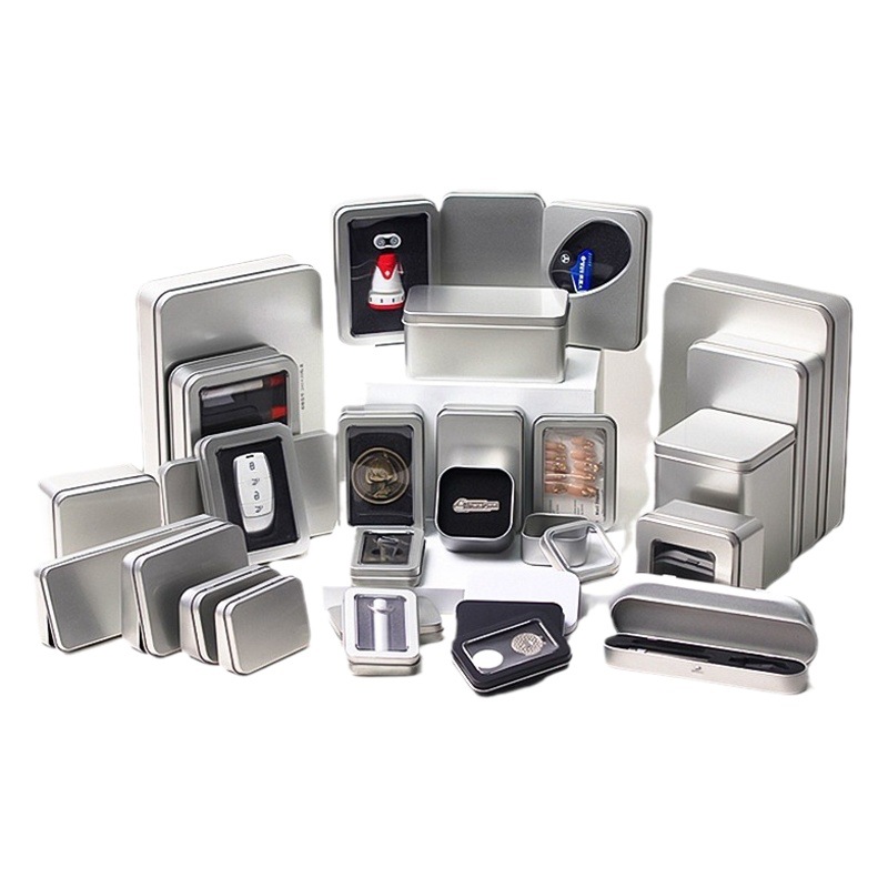 Caja de almacenamiento de memoria USB de hojalata en stock, caja rectangular plateada mate, caja de almacenamiento de hojalata con logotipo personalizado