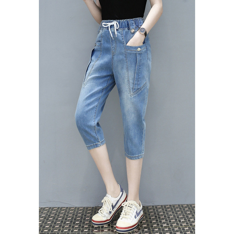 [10,000 Positive Reviews] Plus Size Stretch Denim Cropped Pants for Women 100kg Elastic Waist Loose Mid-Pants for Fat Girls