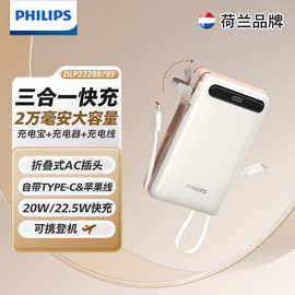 三合一带AC插头充电宝20000毫安自带线移动电源超级快充彩