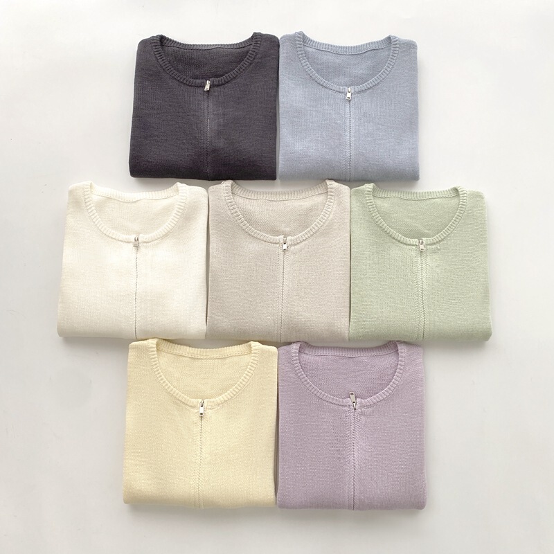 26 Spring and Summer New Korean Style Round Neck Zipper Cardigan Double-Strand Bamboo Linen Yarn Simple Solid Color Jacket Top 7562