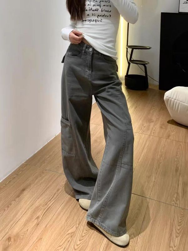 美式深灰色阔腿工装裤女春季新款大码胖mm宽松梨型身材拖地牛仔裤|undefined