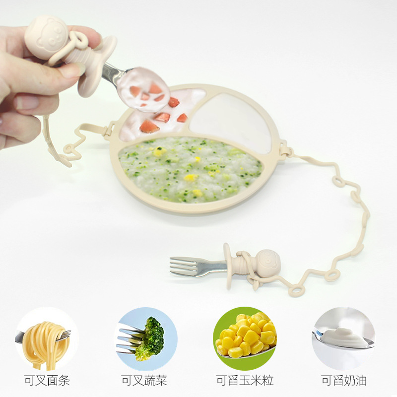 Placa de comedor de cadena anti-pérdida para niños, entrenamiento para bebés, plato de comedor dividido, cuchara de tenedor, suplemento alimenticio de silicona para bebés, cuchara de oso, tenedor
