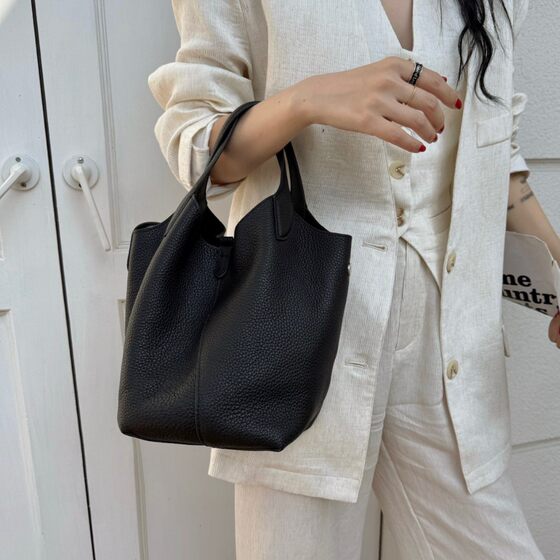 2025 New Niche Design Vegetable Basket Women's Bag Top Layer Cowhide Hand Shoulder Crossbody Casual All-match Bucket Bag