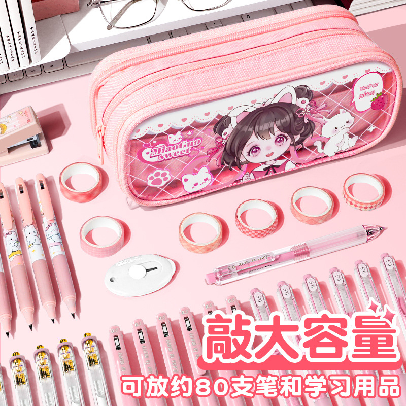 Bolsas de papelería lindas bolsas de lápiz de dibujos animados transparentes caja de papelería de gran capacidad para niños y niñas cajas de lápiz de almacenamiento multicapa