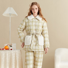 冬季新款三层夹棉家居服女士可外穿纯棉袄加厚珊瑚绒睡衣套装省服