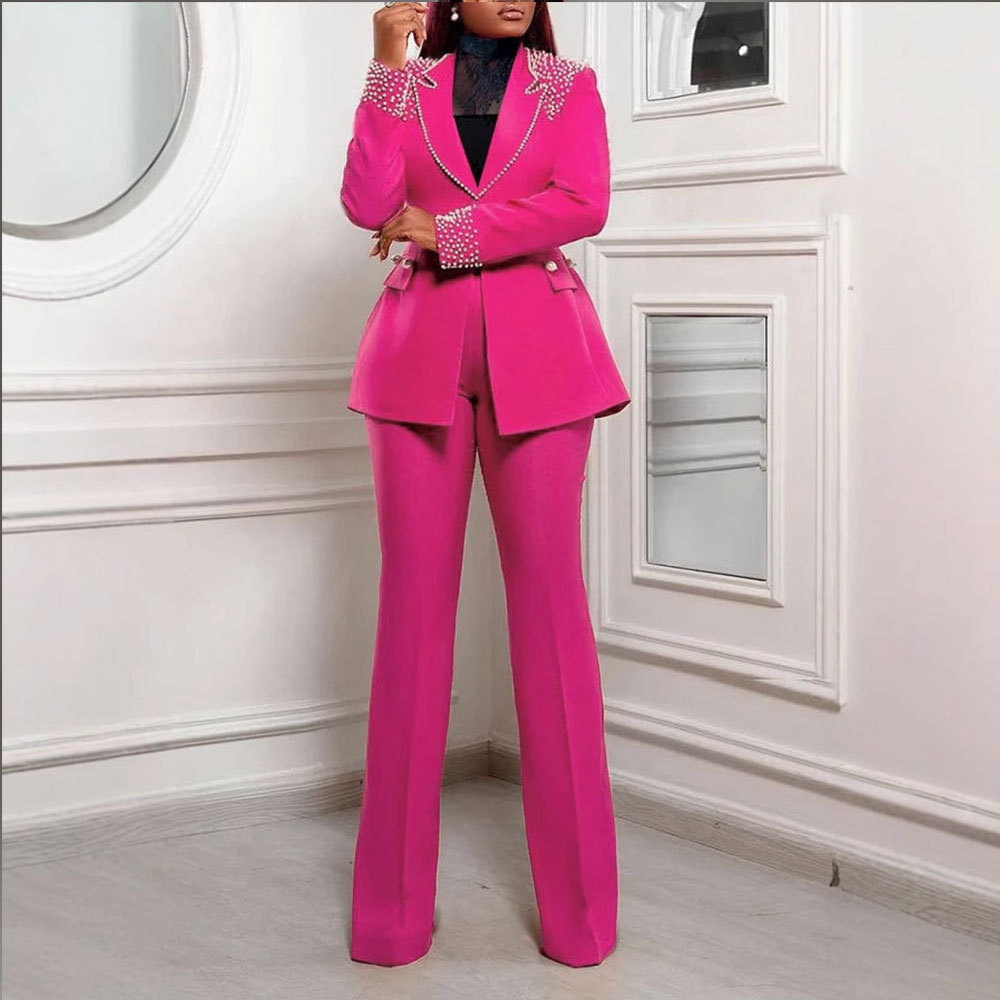 K3332 Women's European And American Style Pearl Embellished Slim Stretch Two Piece Suit Long Sleeved Regular Fit Summer Suit_ecoleips.com