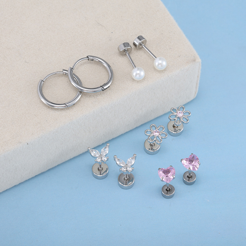 10-Piece Sweet Style Ear Stud Set - Flat Back Heart Butterfly Flower Ear Clips Stainless Steel detail image 7