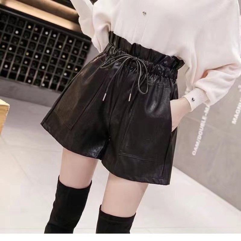 Drawstring Leather Shorts for Women 2024 Autumn and Winter New Style Flower Bud High Waist Pu Leather Pants Korean Style Loose Wide Leg Casual Pants