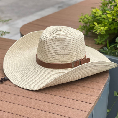 Vintage Sun Hat Wide Brim Western Cowboy Hat For Men And Women, Hiking Travel Jazz Straw Sun Protection Shade Beach Hat, Fashionable_voghion.com