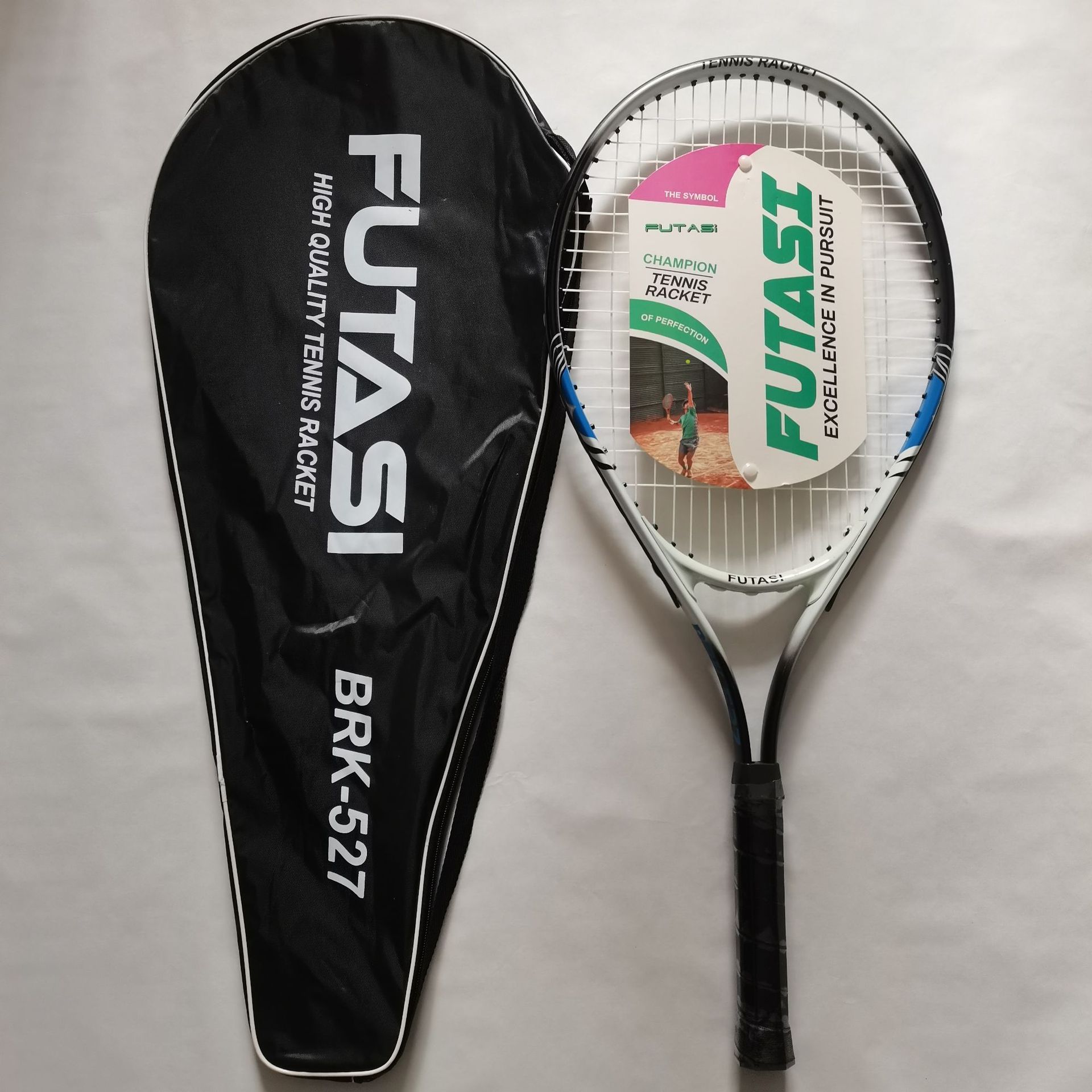 파란색 라벨이 붙은 온라인 라켓 + 라켓 가방