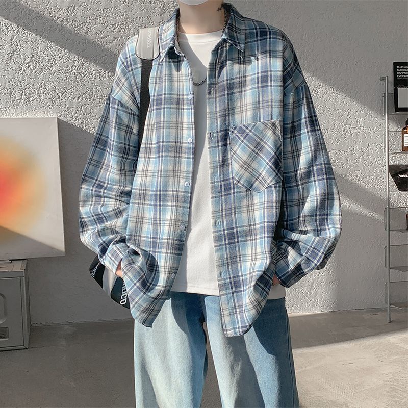 Cross-Border Blue Plaid Spring and Autumn American Style New Shirt Jacket Long-Sleeved Hong Kong Style Loose Casual Shirt Retro Top