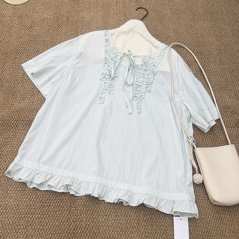 2026 Solid Color Ruffled Lace-Up Round Neck Loose Slimming Youthful Versatile Casual Short Sleeve Shirt for Women
