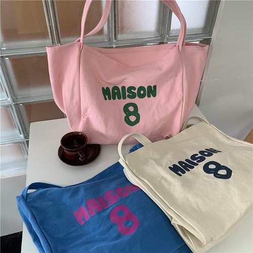 Bag Large Capacity Women's One Shoulder Portable Canvas Women's Bag Versatile Casual Letter Printed Thick Shoulder Strap Bucket Shopping Bag
