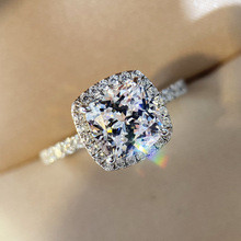 外贸跨境镀s925银高碳钻日式轻奢仿莫桑戒指豪华方形两克拉仿真钻