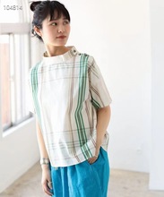 夏季新款日系女装格纹撞色短袖小立领衬衫简约时尚百搭条纹套头衫
