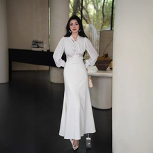 新款大码女装 高档时尚V领钉珠鱼尾气质连衣裙 宽松大版女装长裙