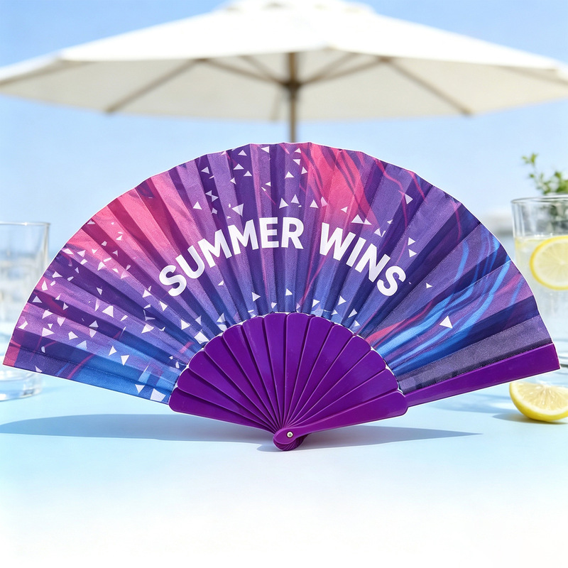 Customized summer cool easy-open folding fan with colored ribs, Oxford cloth flat plastic fan, can be branded with silk screen printing Customized summer cool easy-open folding fan with colored ribs, Oxford cloth flat plastic fan, can be branded with silk screen printing