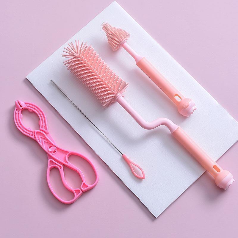 Rosa (conjunto de cepillo para biberón de 3 piezas) + clip para biberón ☆