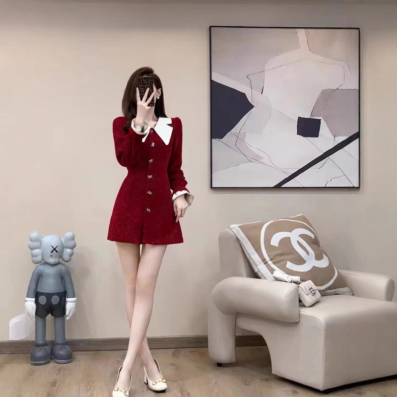 Explosions Women's 2024 Autumn and Winter Cheap Joker Waist Slimming Elegant Bag Hip Doll Collar Dress