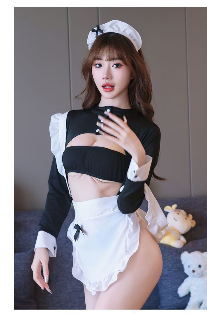 Sweet Maid Roleplay Costume Set with Open-Crotch Robe, Stockings and Short Dress — detail image 3