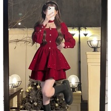 原版質量紅色絲絨新年連衣裙女春秋顯瘦赫本風掛脖聖誕氛圍感短裙