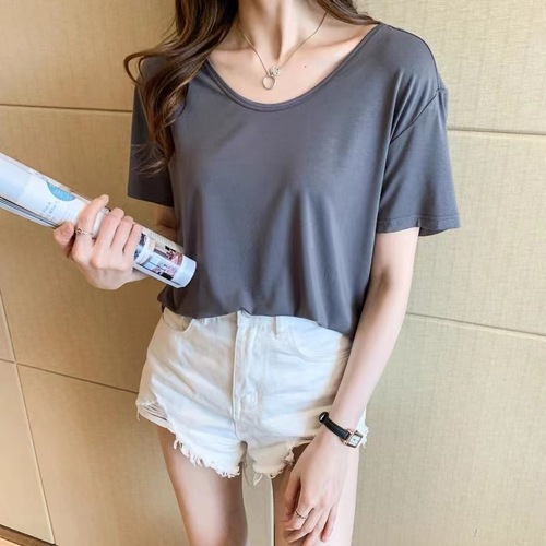 Minimalist U-neck high collar design sense short-sleeved T-shirt for women, summer large size loose and slimming stylish innerwear top