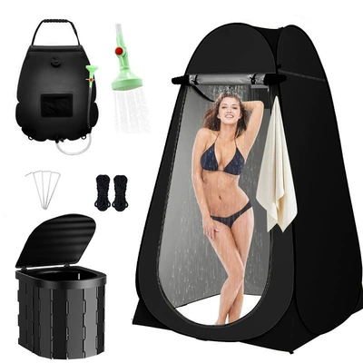 Kempinq və səyahət – New Portable Toilet Camping - single-three-piece-set-14m-window-black-with-cover-black-toilet-black-shower-bag