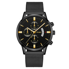 外貿時尚日曆六針三眼男士手錶男表網帶鋼帶石英表男一件代發