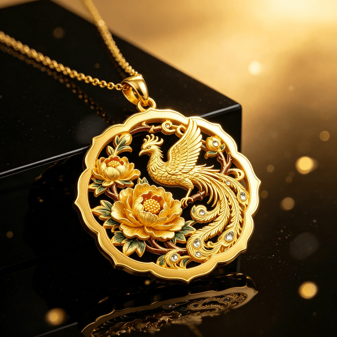 Chinese-style enamel phoenix and peony pendant, antique style, handmade pendant, creative national trend peony and phoenix necklace.