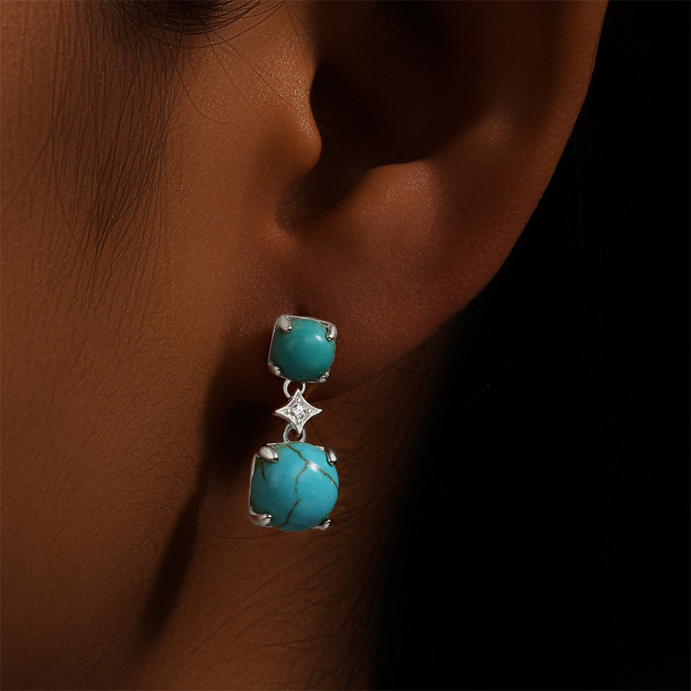 1 Paire Style Simple Géométrique Placage Incruster Argent Sterling Turquoise Zircon Boucles D'oreilles display picture 4