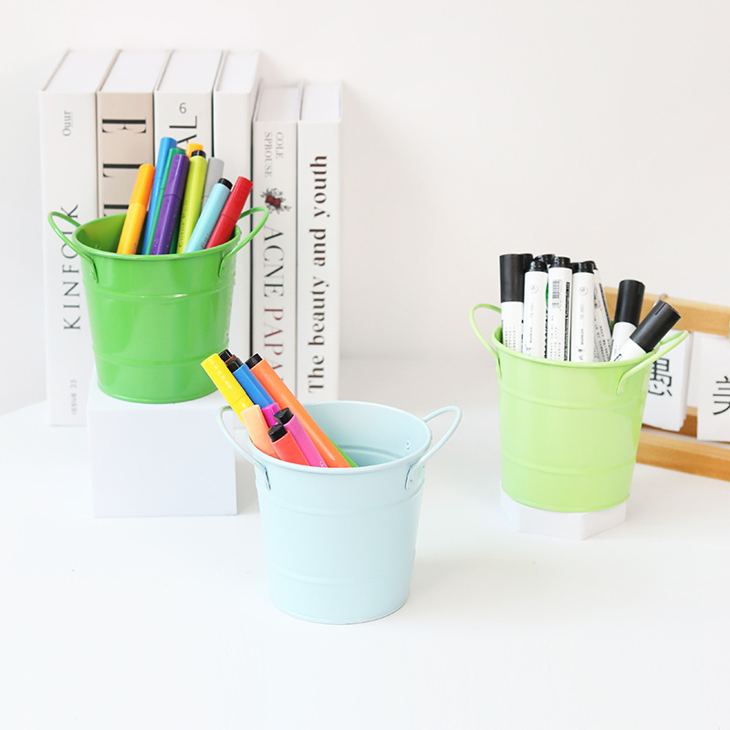 Escritorio creativo bolígrafo de metal redondo suministros de oficina almacenamiento multifuncional estudiantes papelería cepillo de maquillaje barril de hierro